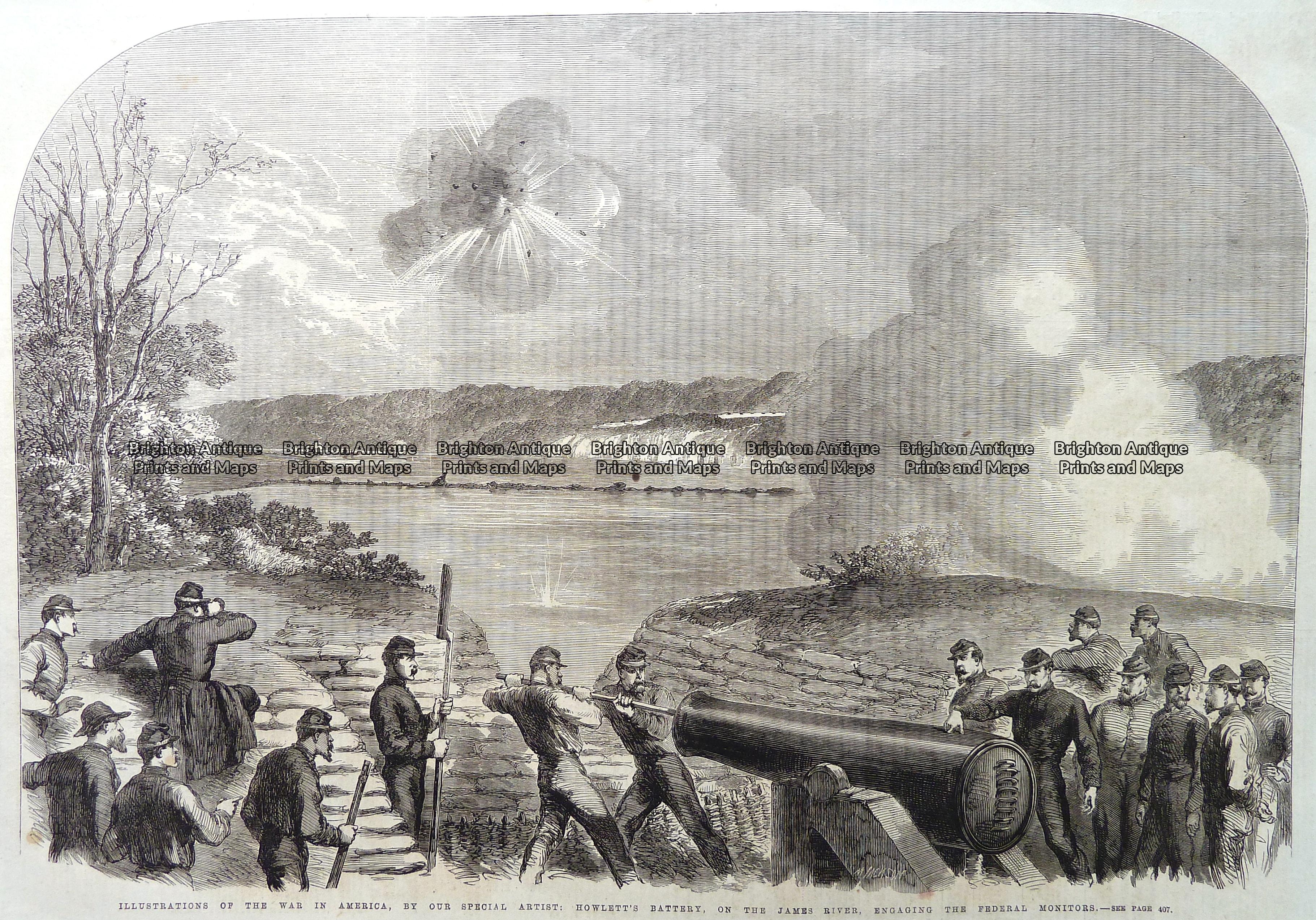 Antique Print 22004 Civil War Howlett's Battery on James River c.1864
