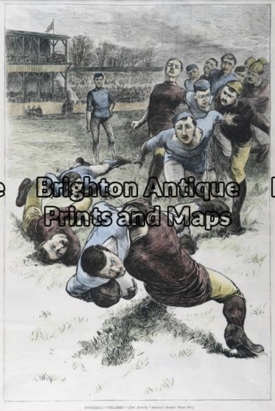 26-629 – Football – Gridiron Anon – circa 1880 Hand coloured wood engraving 23cm X 35cm Condition A+