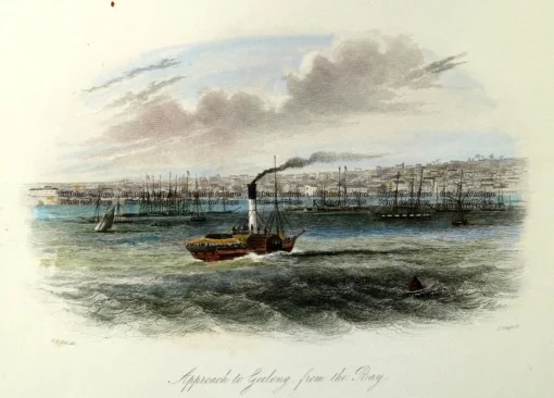 29-112  Geelong – Approach from the Bay by S. T. Gill c.1857