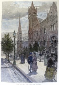 29-446 - Melbourne - Collins Street on a Sunday Morning Anon - circa 1886 Hand coloured wood engraving 18cm X 26cm Condition A+