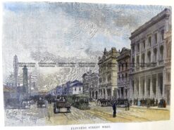 29-450 - Melbourne - Flinders Street W Firler - circa 1886 Hand coloured wood engraving 18cm X 13cm Condition A+