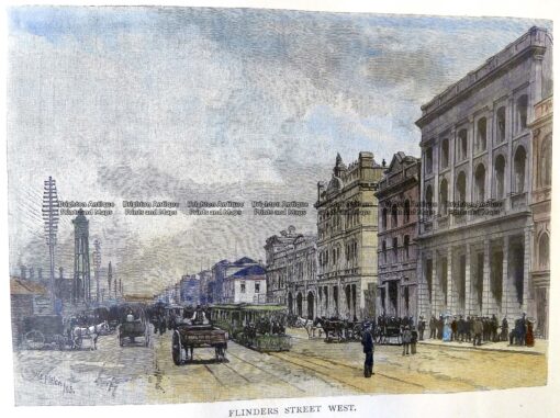 29-450 – Melbourne – Flinders Street W Firler – circa 1886 Hand coloured wood engraving 18cm X 13cm Condition A+