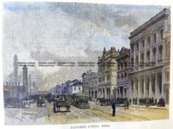 29-450 - Melbourne - Flinders Street W Firler - circa 1886 Hand coloured wood engraving 18cm X 13cm Condition A+