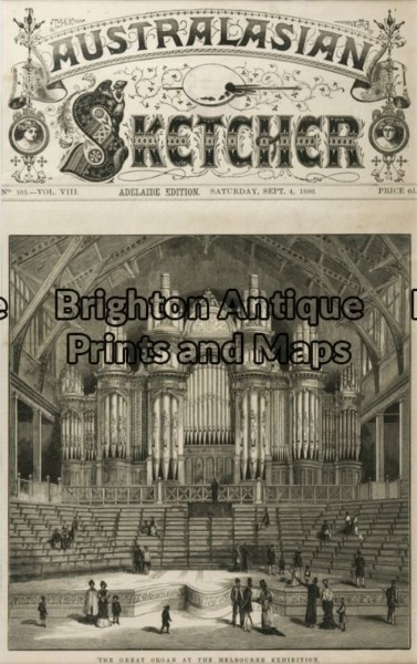 29-460 – Melbourne – Organ at Exhibition Building Anon – circa 1880 Wood engraving 23cm X 24cm Condition A+