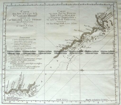 3-001 – Australia – Carte dune Partie de la Cote de la N le. Galles  East coast of Australia from Cooks 1st voyage Bernard – circa 1774 Copperplate engraving 34cm X 29cm Condition A+
