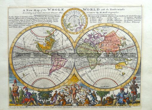 3-395  World – double hemisphere by H Moll  c.1732