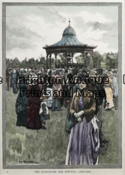 32-371 - Adelaide - Adelaide bandstand W Hetherell - circa 1887 Hand coloured wood engraving 15cm X 20cm Condition A+