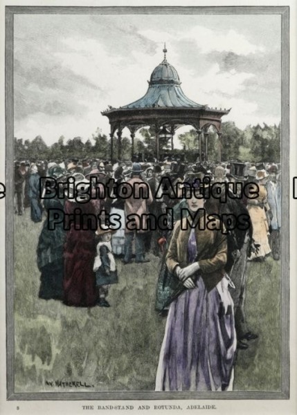 32-371 – Adelaide – Adelaide bandstand W Hetherell – circa 1887 Hand coloured wood engraving 15cm X 20cm Condition A+