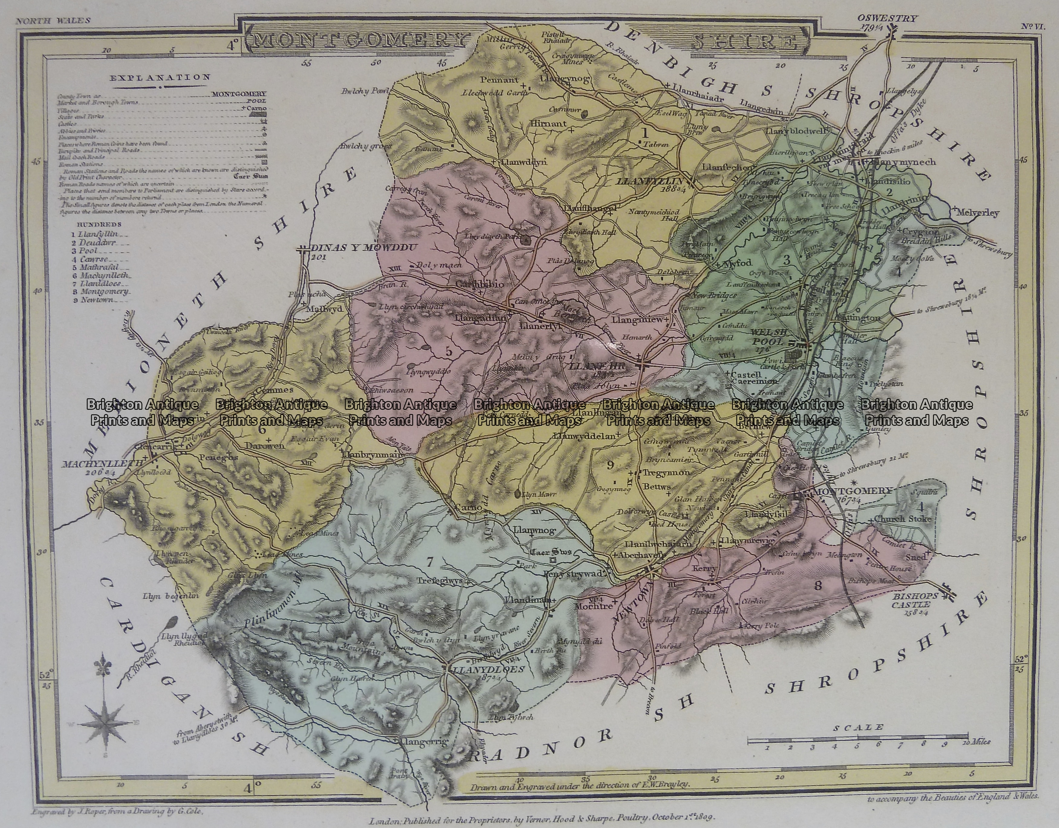 Antique Map 4-205 Wales Montgomeryshire by J Roper c.1809 - Brighton ...