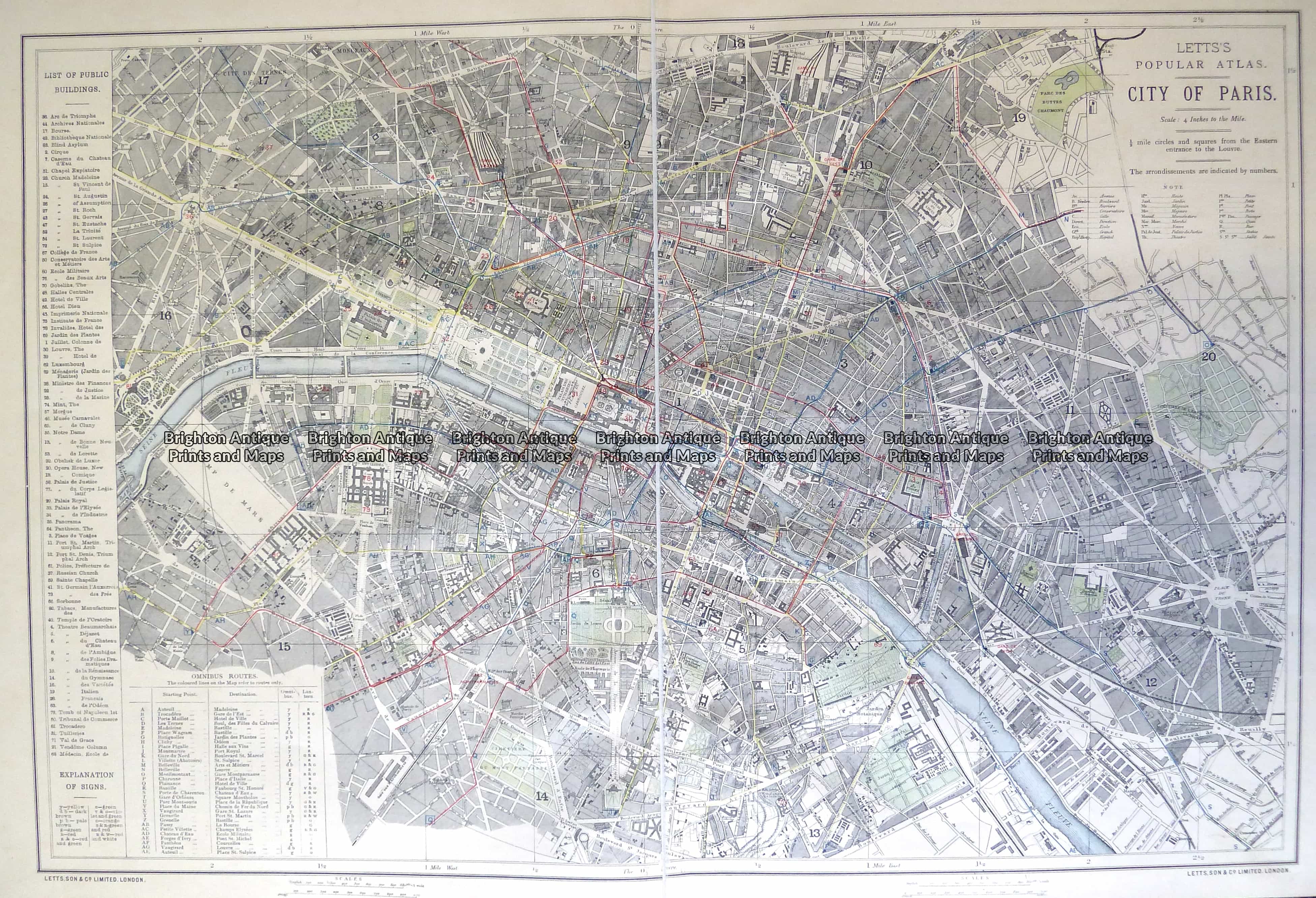 Antique Map 5-256 Paris street map by Letts c.1883 - Brighton Antique ...