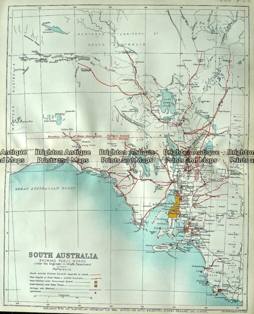 Antique Map South Australia Showing Public Works C1894 Ref 232 884 Brighton Antique Prints 2850