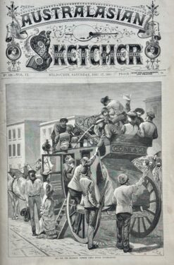 Antique print - Cobb & Co stagecoach in Bourke Street Melbourne c.1881  Ref: 888-049